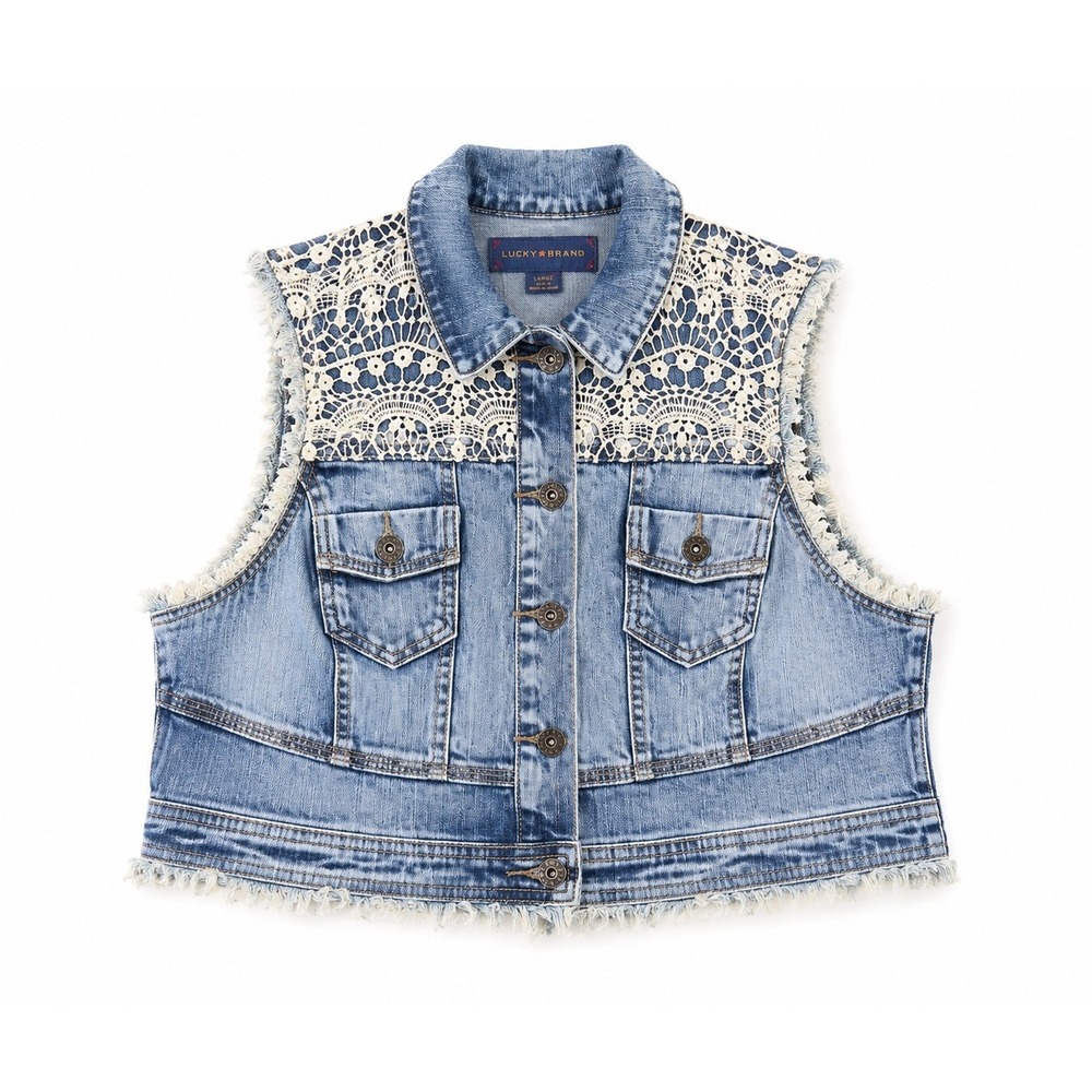 Boom Boom Jeans Women Large Blue Denim Vest Crochet Lace Distressed Frayed Boho